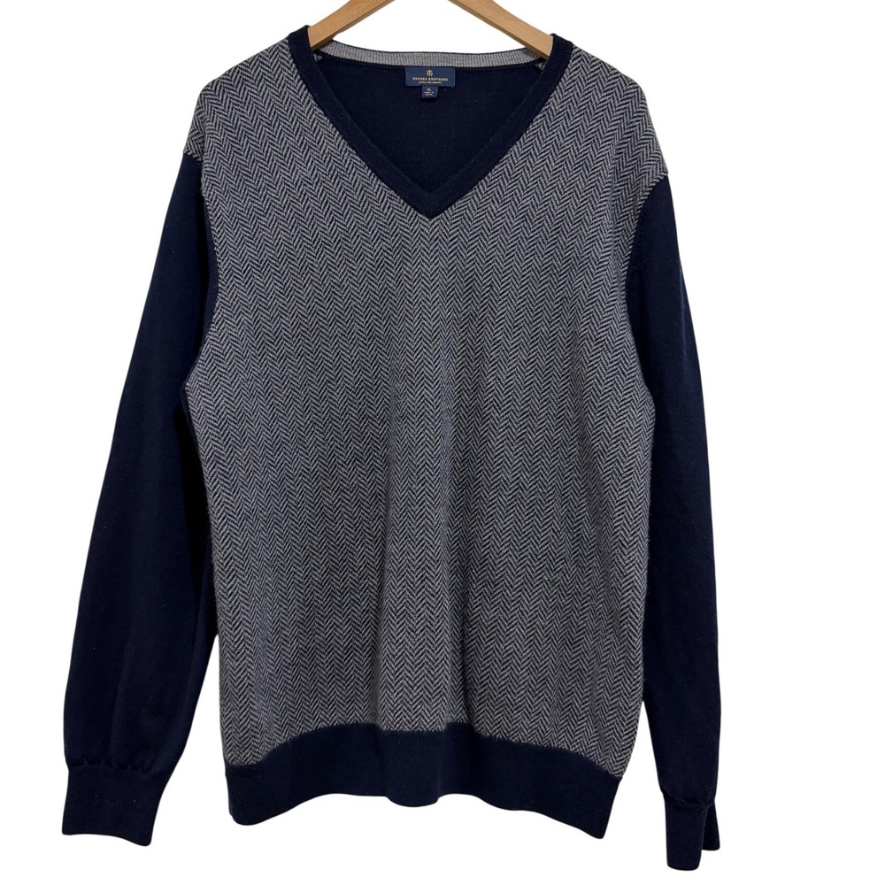 Brooks‎ Brothers Merino Wool V-Neck Herringbone Sweater Mens XL *small hole*